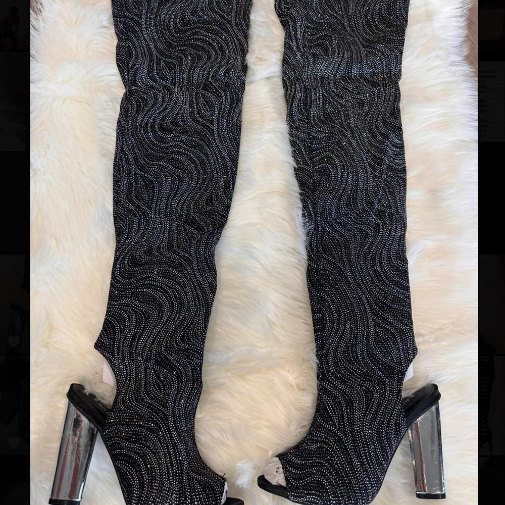 Bamboo Womens 7 Sunlight-02XS Peep Toe Block Heel Boots Boho Over the Knee Bling